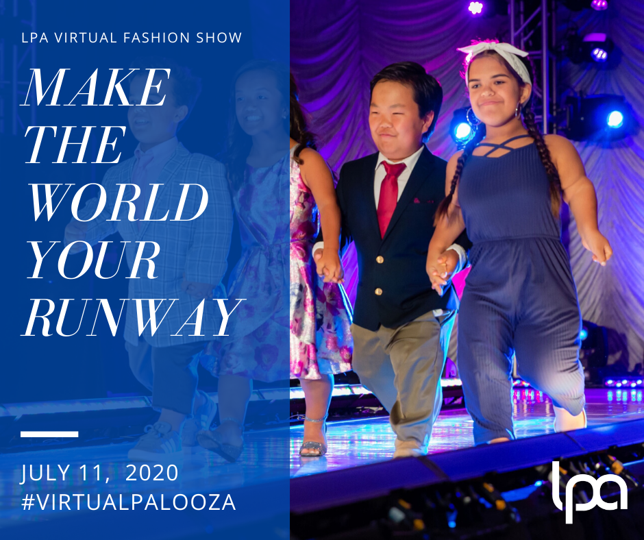Fashion Show Announcement with two Models Walking Down a Runway, Text Reads: Make the World Your Runway, July 11, 2020