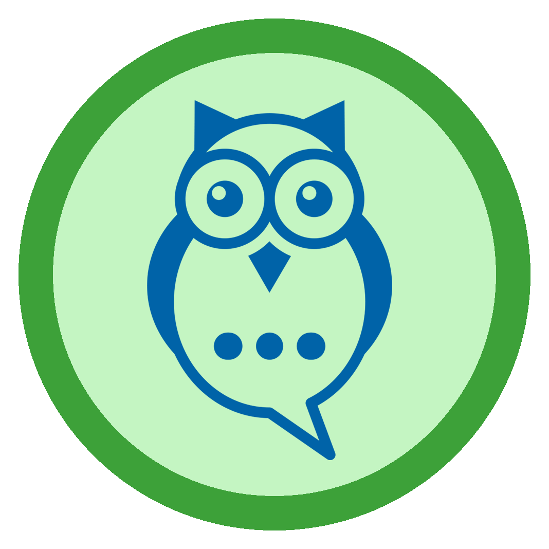 round logo in green with owl outlines in blue, indicating a speech bubble