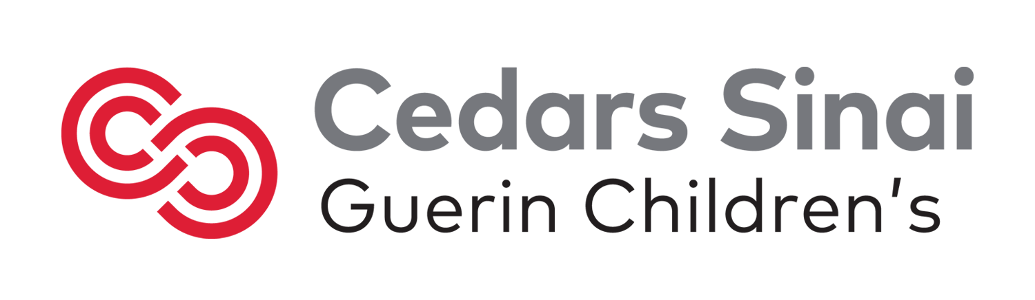 Cedars Sinai logo White background with red infinity type symbol and the words Cedars Sinai Guerin Children's written in black